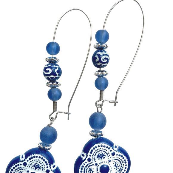 Lot of 2 Folk Artisan Style Earrings Lightweight Blue White Long Dangle Big Bead - Picture 4 of 11